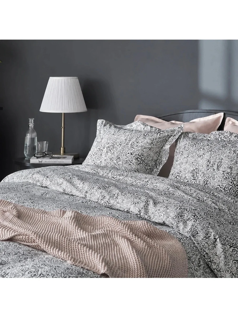 IKEA Black and White Floral Duvet Cover with Blush Accents